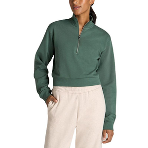 Custom Women's Cropped Top Half Zipper Sweatshirt Winter Cotton Poly Brushed Fleece with <b>Embroidery</b> Printing Logos - Product Image 1
