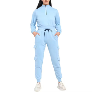 Womens Light Blue Half Zip Sweatshirt And <b>Matching</b> Cargo <b>Joggers</b> <b>Set</b> Premium Athletic Loungewear Two Piece Utility Outfit - Product Image 1