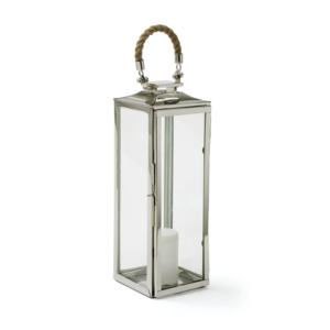 Lanterne porte-bougie de luxe en métal inoxydable et verre, faite à la main, avec poignée en corde de jute - Product Image 1