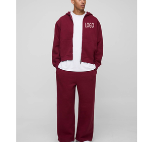 Men Oversized Streetwear Zipper Tracksuit Custom Chenille Embroidery Jacket &Straight Leg <b>Trouser</b> Men Burgundy 2PCS <b>Set</b> - Product Image 4