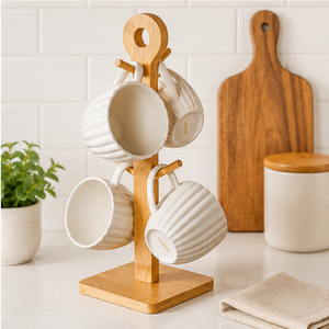 Minimalist Wooden Mug Holder & Cup <b>Tree</b> <b>Stand</b> Premium Bamboo Coffee Bar Accessory For Home Decor Office & Cafe Countertop Rack - Product Image 4