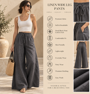 Ensemble deux pièces décontracté d'été pour femme en lin/coton – Débardeur noir et pantalon large gris foncé taille mi-haute - Product Image 4