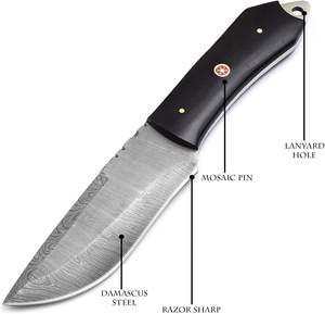 Couteau de chasse et de survie EDC à lame fixe en acier Damas fait main, qualité industrielle, avec manche en corne noire, personnalisable OEM - Product Image 3