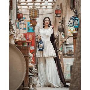 Ensemble haut-bas et dupatta DHK pour soirée, blanc, broderie de sequins, taille XL - Product Image 2