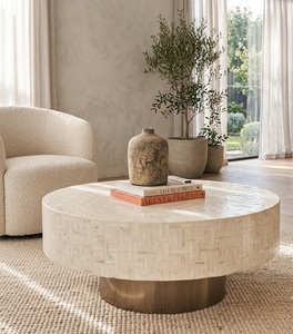 <b>Round</b> Bone Inlay <b>Wood</b> Frame Modern <b>Coffee</b> <b>Table</b> Pedestal Living Room Furniture ODM - Product Image 1
