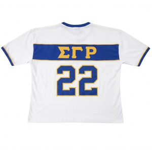 Camiseta Deportiva Premium SGRho Blanca, Azul Rey y Dorado, Manga Corta, Número 22, Diseño Gráfico a Rayas, para Sororidad, Universidad, Equipo Casual - Product Image 2