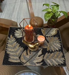 Embroidered leaf Pattern <b>Table</b> <b>Runner</b> Bohemian Style Black Gold Home Decor Washable - Product Image 3