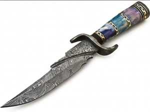 มีดเหล็กดามัสกัสทำมือจาก Iron Crown Forge ใบมีดคงที่ ใช้ได้หลากหลาย พร้อมตัวเลือก OEM ด้ามจับเรซิ่นลายหมุนสีน้ำเงินม่วง - Product Image 4
