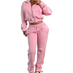 Popular Design Custom made <b>Pink</b> Distressed Zip Hoodie Women <b>Tracksuits</b> Workout Joggers Sets Women Two Piece Women's sets - Product Image 4