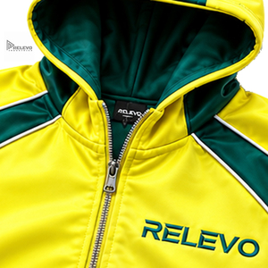 Ensemble de survêtement streetwear unisexe surdimensionné personnalisé OEM, avec sweat à capuche zippé intégral et pantalon jogger, à blocs de couleur contrastés et passepoil. - Product Image 3