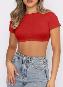 Women's <b>Red</b> <b>Crop</b> <b>Top</b> Short Sleeve Crew Neck Knitted Spandex Cotton Casual Summer Solid Color Slim Fit T-Shirt - Product Image 2