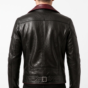 Blouson Biker Homme Noir Bordeaux Effet Cuir Col Large Contrastant Fermeture Éclair Coupe Slim Personnalisable OEM ODM Vente en Gros - Product Image 2