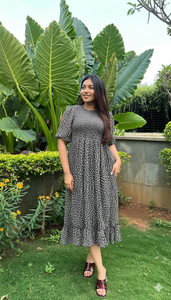 Vestido Maxi con Estampado Geométrico, Manga Abullonada, Cuello Redondo, Corte Holgado, Cintura Elástica, Tejido Transpirable, para Uso Diario Informal de Verano - Product Image 4