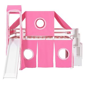 Pink Full Size Loft <b>Bed</b> <b>with</b> <b>Tent</b> and Tower for Kids' Rooms - Product Image 4