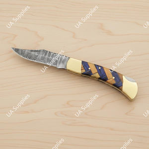 Couteau pliant en acier Damas, manche en bois et laiton, lame à pointe clip, couteau de poche EDC utilitaire pour extérieur/camping/chasse, 7,5 pouces, DIY - Product Image 4