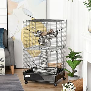 Gabbia per Animali Domestici in Metallo Nero da 42 Pollici con Ruote e Freni, Amache e Tunnel Sospesi, 3 Porte, Habitat per Furetti, Casetta per Piccoli Animali - Product Image 1