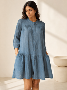 Robe chemise en lin et coton bleu, manches trois quarts, col montant, coupe trapèze, longueur mini, décontractée, pour tous les jours, respirante, avec poches - Product Image 5