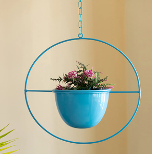 Pot de fleurs suspendu en métal bleu moderne, forme circulaire, élégant, pour balcon, à prix raisonnable - Product Image 1