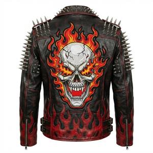 Blouson en cuir noir pour homme, style motard, avec broderie tête de mort et patch dorsal, streetwear vintage, type bomber Cafe Racer - Product Image 6