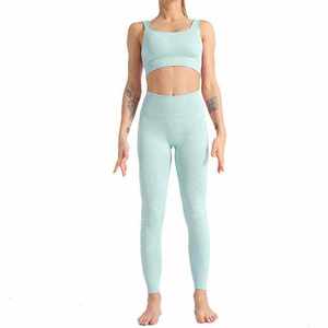 Conjunto de Yoga Verde Menta para Mujer, Talla Grande, Top Corto sin Costuras de Cintura Media y Leggings, 2 Piezas, Ropa Deportiva sin Mangas de Longitud Completa - Product Image 1