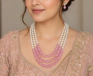 Luxury Vintage 3 Layer White <b>Pearl</b> Strand Necklace with <b>Pink</b> Teardrop Beads Gold Plated Statement Jewelry Set for Women - Product Image 1