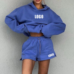 Ensemble 2 pièces pour femme : Sweat à capuche court épais 100 % coton et short de jogging uni, idéal pour l'automne, l'hiver et les activités de plein air - Product Image 1