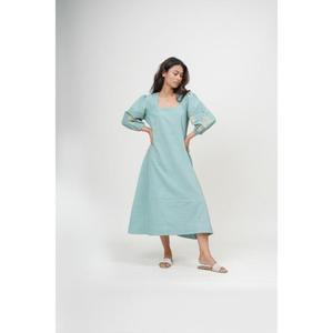 Robe longue trapèze faite main de haute qualité avec col carré, manches lanternes, en lin, couleur unie, respirante, style été pour femme - Product Image 2