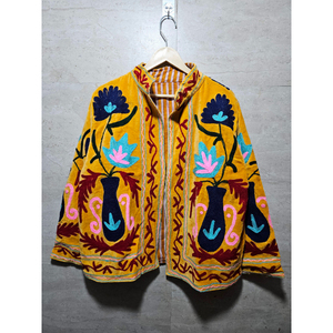 Chaqueta de Terciopelo Bordada a Mano para Mujer, Diseño Floral, Estilo Prairie Chic, Manga Larga, Abrigo de Primavera, Amarillo - Product Image 1
