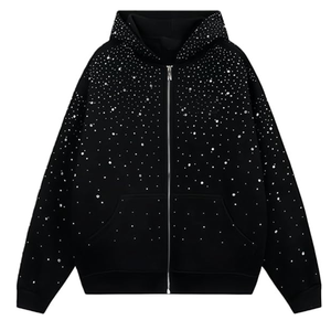 Sudadera con capucha personalizada estilo Y2K con cremallera y pedrería para hombre, de gran tamaño, con adornos de cristal y cremallera completa. - Product Image 6