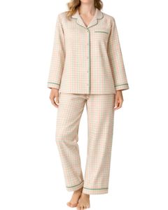 Peach <b>Green</b> Check Women Pajama Set Long Sleeve Button Down Nightwear Soft Cotton Two Piece Sleepwear Comfortable Lounge Set - Product Image 1