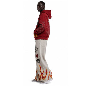Survêtement streetwear de qualité export, à capuche, manches longues, imprimé, avec ourlet fendu, coupe ample, pantalon évasé, fermeture à cordon, pour l'automne - Product Image 3