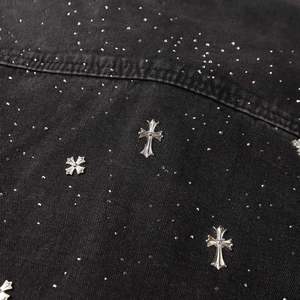 Men's Black <b>Denim</b> <b>Jacket</b> With Embroidered Crosses Turn-down Collar Casual Style Autumn Wear - Product Image 5