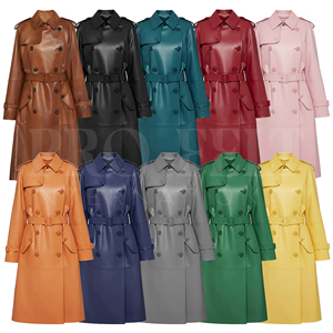 Manteau trench classique gris en cuir PU pour femme, double boutonnage, manches longues, col rabattu, imperméable - Product Image 4