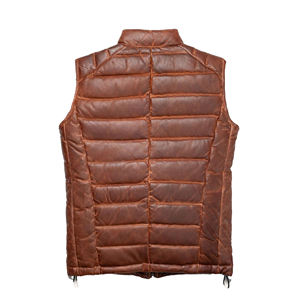 Men's <b>Brown</b> Genuine Leather Stand Collar Puffer <b>Vest</b> With Zipper Closure Windproof Casual Winter Outerwear - Product Image 3