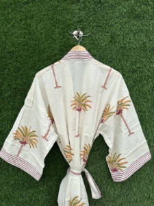 Handmade Cotton Kimono Robe V-neck Long Sleeve Full Length Boho Beach Cover Lightweight Block Print Spring Summer Womens <b>Lounge</b> - Product Image 2