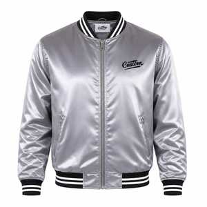 Custom Men's <b>Silver</b> Bomber <b>Jacket</b> Stand Collar Embroidered Front Logo Pullover Closure Satin Finish Casual Streetwear Winter - Product Image 3