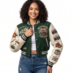 Veste universitaire personnalisée pour femme en cuir véritable, coupe courte, style Letterman, veste bomber de baseball, logo brodé vintage, style universitaire américain - Product Image 1