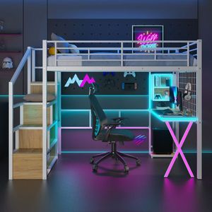 Full Size <b>LED</b> White Metal Loft <b>Bed</b> with Built-in Work Station Wardrobe and Storage Staircase for Kids - Product Image 1