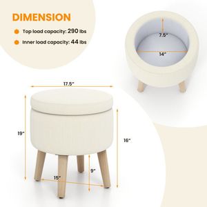 <b>Adjustable</b> Round Storage Ottoman with Rubber Wood Legs and Foot Pads Stylish <b>Stools</b> & Ottomans - Product Image 5