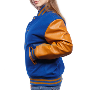 Blue Varsity <b>Jacket</b> With Orange <b>Real</b> <b>Leather</b> Sleeves Button Closure Unisex Casual Winter College <b>Jacket</b> Custom Logo - Product Image 3