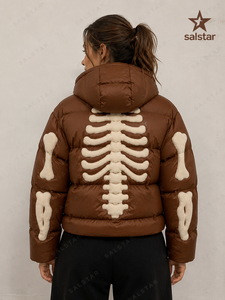 Chaqueta Acolchada Personalizada Marrón para Hombre/Mujer, Chaqueta de Plumón con Capucha para Invierno, con Estampado de Huesos de Esqueleto en 3D, Ropa de Calle Moderna - Product Image 2