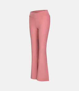 <b>High</b> <b>Waist</b> <b>Flared</b> Leg Yoga <b>Leggings</b> Ankle-Length Solid Pink Spandex Nylon Seamless Elastic <b>Waist</b> - Product Image 1
