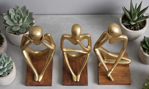 Ensemble de 3 sculptures abstraites de style Penseur, finition dorée, base en bois, décoration pour la maison, décoration nordique pour le salon, cadeau spécial - Product Image 4