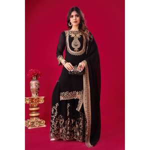 Magnifique Salwar Kameez en polyester pour mariages, ensemble haut-bas et dupatta avec broderie lourde et travail de fils de sequins - Product Image 2