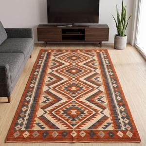 Tapis Kilim en Laine Tissé Main Premium - Tapis de Sol Plat à Motifs Géométriques Tribaux Diamantés Terracotta Style Sud-Ouest - Product Image 4