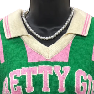 Suéter de Punto Verde y Rosa para Mujer, Estilo Preppy, Manga Larga, Cuello Camisero, Bordado, Diseño Premium, 100% Acrílico - Product Image 2