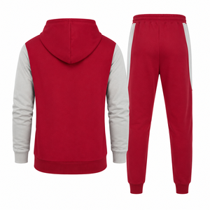 Red <b>White</b> Color Blocking Hooded Tracksuit Full Zip Casual <b>Jogger</b> Set With Side Pockets Breathable Polyester Cotton Sportswear - Product Image 2