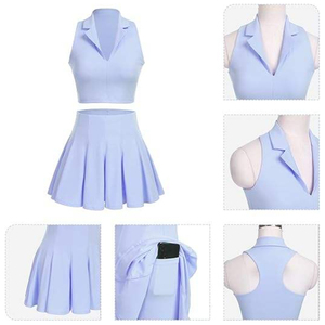 Ensemble de tennis 2 pièces pour femme : Haut court à col en V et dos nageur, et jupe-short plissée avec short intégré et poche – Tenue de sport en gros OE - Product Image 2