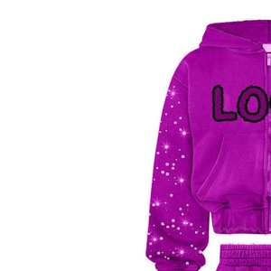 Girls <b>Purple</b> <b>Glitter</b> Tracksuit Set Hooded Zipper Jacket Pants Casual Loose Fit Full Sleeve Dot Pattern Autumn Wear Mens Rhines. - Product Image 5