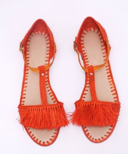 Handmade Raffia Sandals: Orange Fringed <b>Flats</b> with Leather Sole - Product Image 1